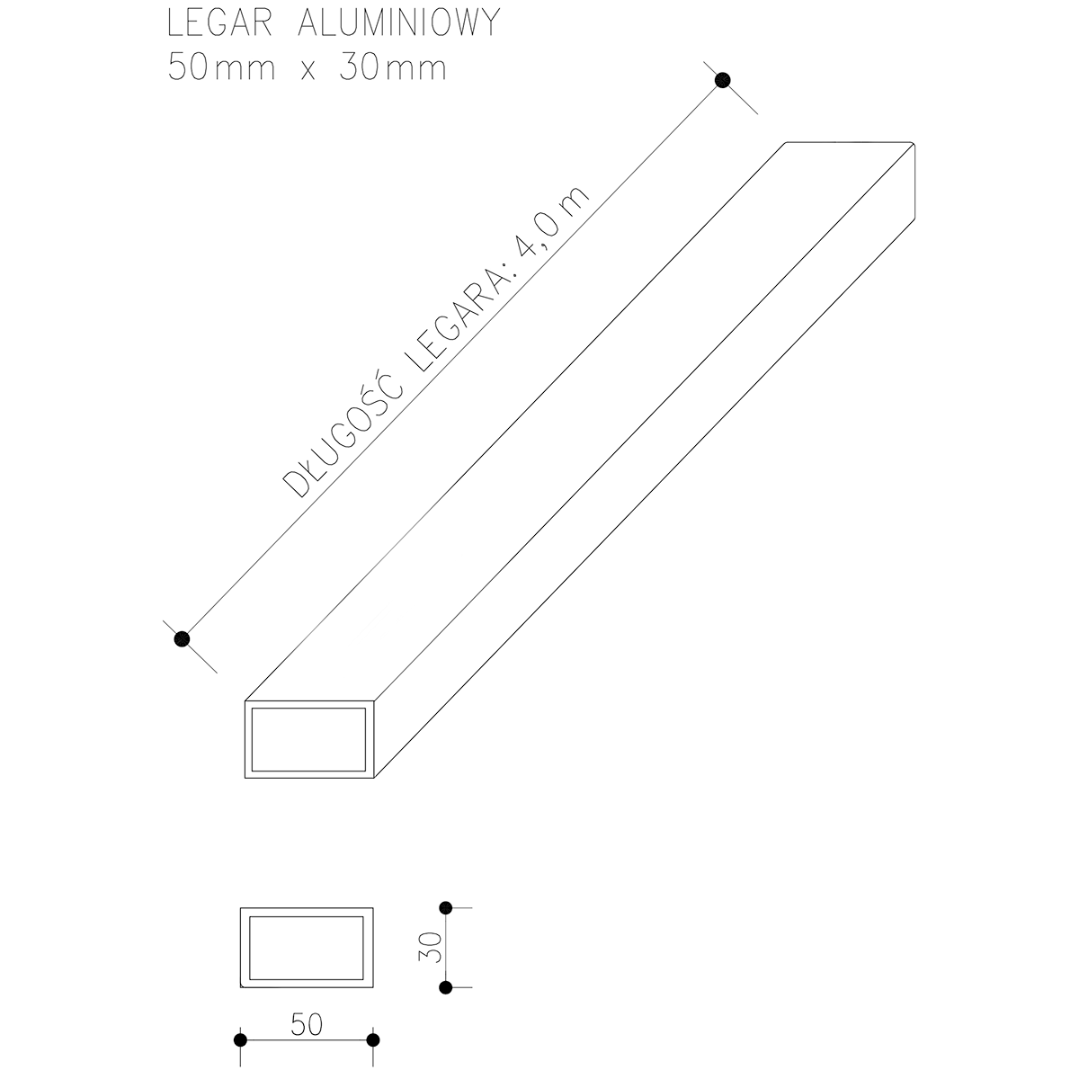 Legar Aluminiowy 50 x 30 mm – dł. 4 m Legar Aluminiowy 50 x 30 mm – dł. 4 m